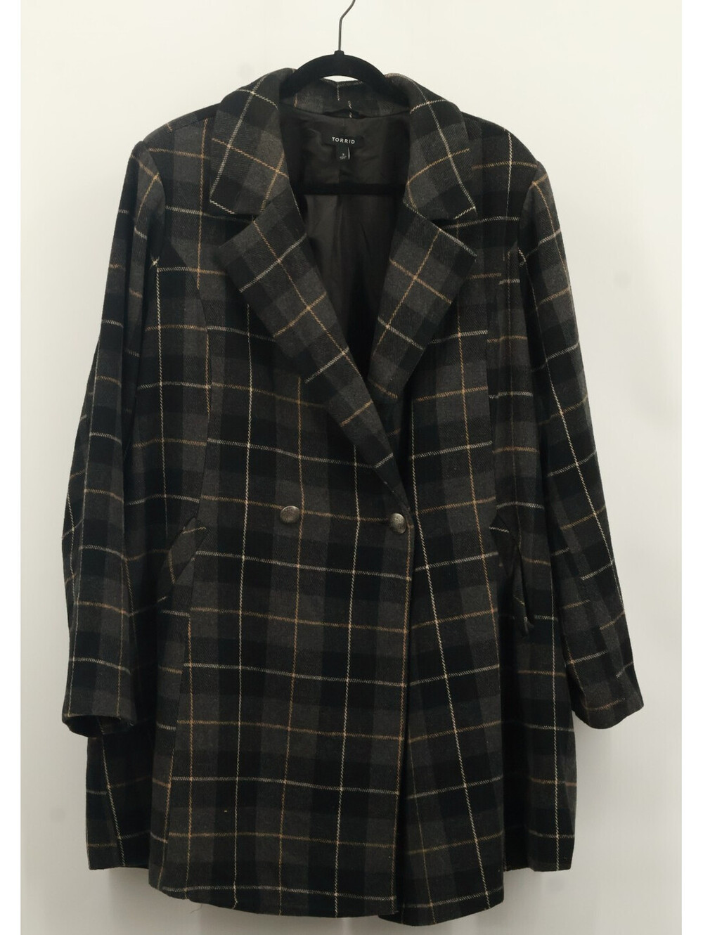 Torrid Womens Plaid Overcoat Size 3 Double Breasted Wool Blend Gray Black Coat